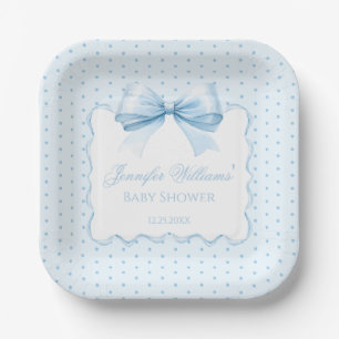 Cute bohemian blue bow ribbon baby boy shower paper plate