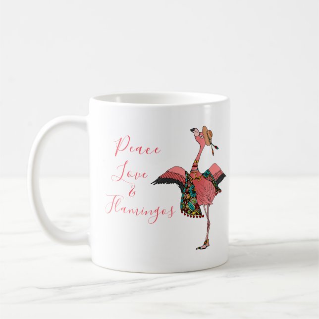Cute Bohemian Peace Love & Flamingo Coffee Mug (Left)
