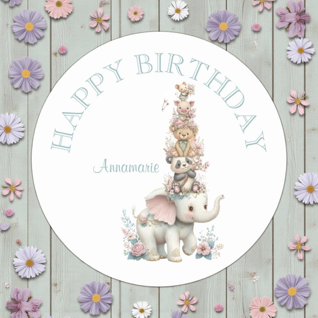 Cute Boho Animal Birthday Party Classic Round Sticker (Creator Uploaded)