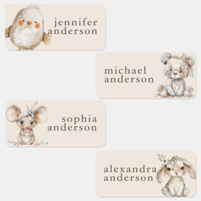 Cute Boho Animals Girl Kids Waterproof Name (Group)