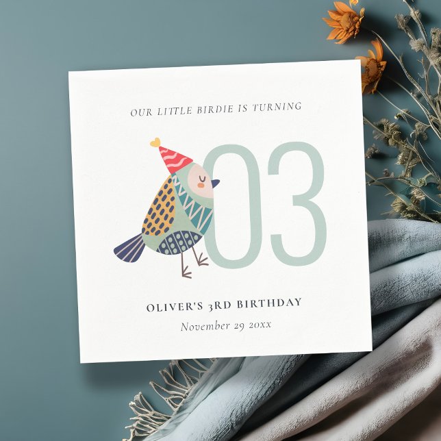 Cute Boho Aqua Blue Birdie Any Age Birthday Napkin (Creator Uploaded)