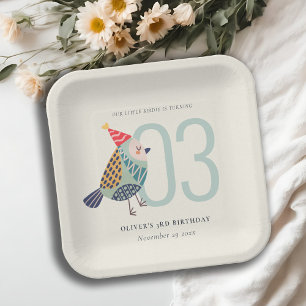 Cute Boho Aqua Blue Birdie Any Age Birthday Paper Plate