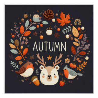 Cute Boho Autumn Deer wreath Wall Decal Poster