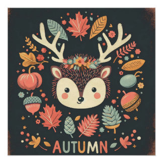 Cute Boho Autumn Hedgehog wreath Wall Decal Poster