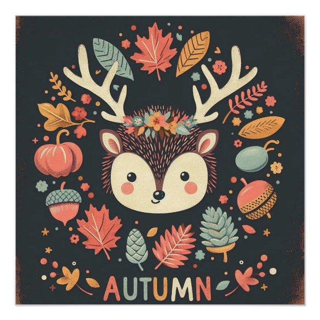 Cute Boho Autumn Hedgehog wreath Wall Decal Poster (Front)