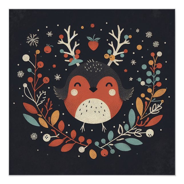 Cute Boho Autumn Robin wreath Wall Decal Poster (Front)