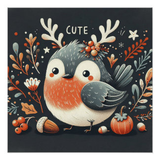 Cute Boho Autumn Robin wreath Wall Decal Poster