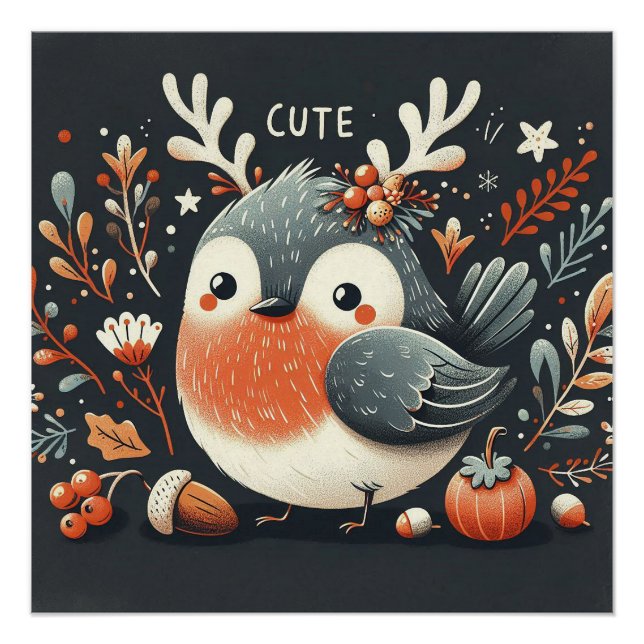 Cute Boho Autumn Robin wreath Wall Decal Poster (Front)