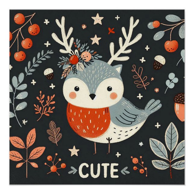 Cute Boho Autumn Robin wreath Wall Decal Poster (Front)