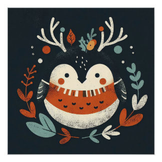 Cute Boho Autumn Robin wreath Wall Decal Poster