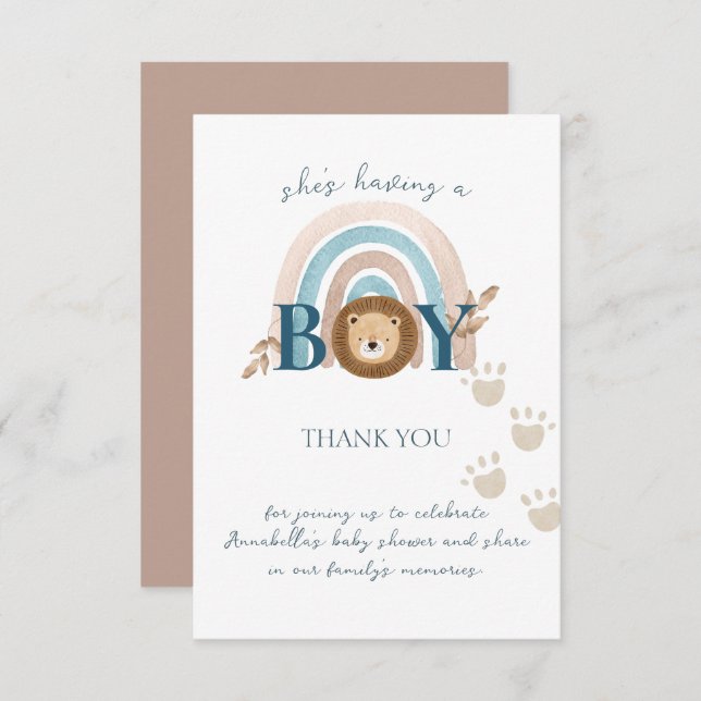 Cute Boho Baby Boy Lion Cub Pawprints Thank You Card (Front/Back)