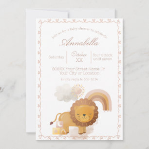 Cute Boho Baby Girl Lion and Rainbow Invitation