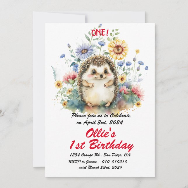 Cute Boho Baby Hedgehog 1st Birthday Party  Invitation (Front)