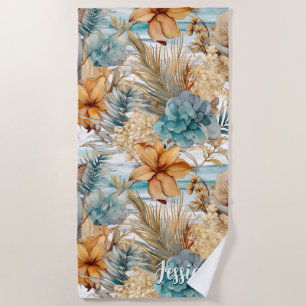 Cute Boho Beach Botanicals Blue Peach Florals Towel