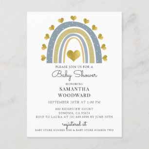 Cute Boho Blue Rainbow Baby Boy Shower Invitation Postcard