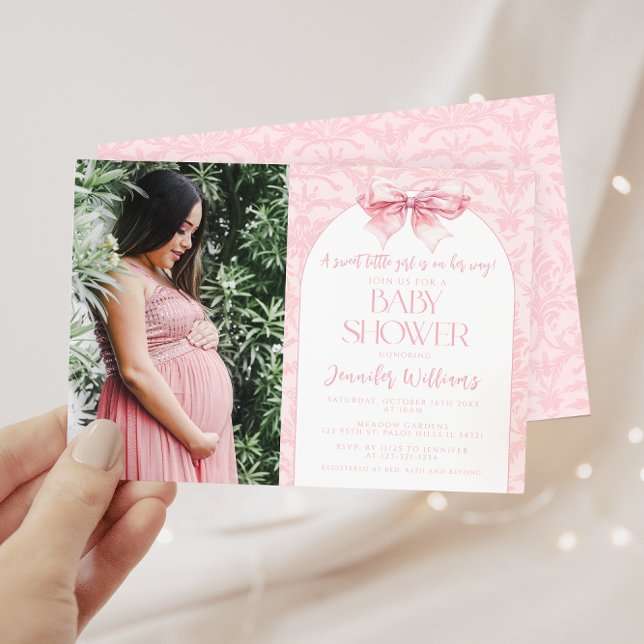 Cute boho blush pink bow baby girl shower photo invitation (Creator Uploaded)