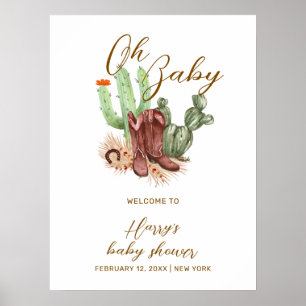 Cute Boho Cactus Cowboy Shoes Baby Shower Welcome  Poster