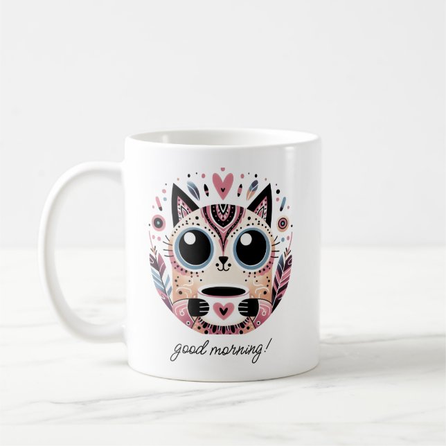 Cute Boho Cat with Heart | Good Morning | Pastel Coffee Mug (Left)