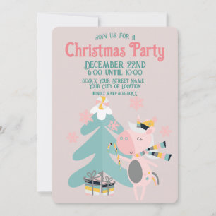 Cute Boho Christmas Unicorn on Blush Pink Invitation