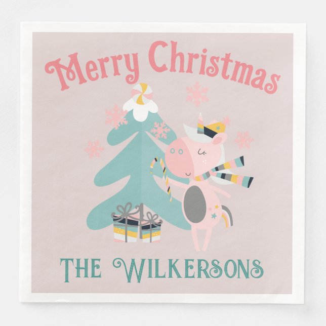 Cute Boho Christmas Unicorn on Blush Pink Napkin (Front)