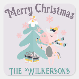 Cute Boho Christmas Unicorn on Lavender Purple Square Sticker