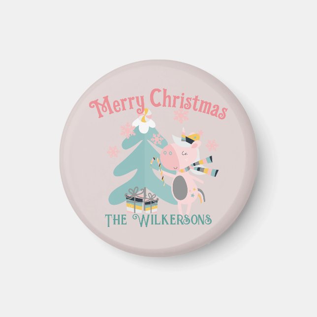 Cute Boho Christmas Unicorn on Pink Magnet (Front)