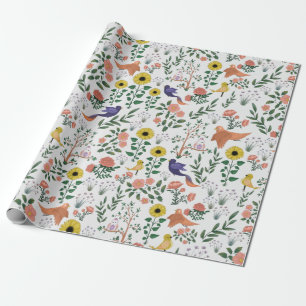 Cute Boho Colourful Birds and Floral Pattern Wrapping Paper