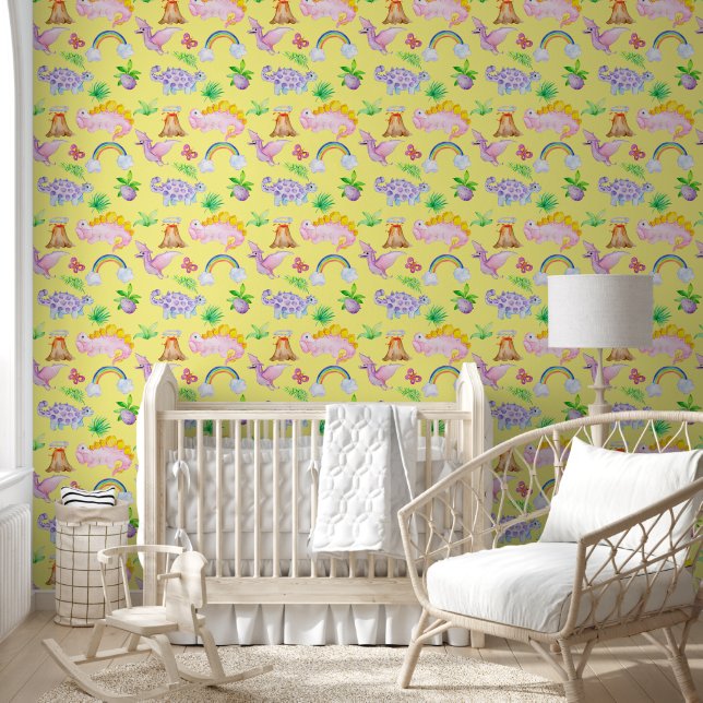 Cute Boho Colourful Dinosaur Rainbow Yellow Nurser Wallpaper (Kids)