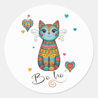 Cute Boho Colourful Floral Cat  Classic Round Sticker
