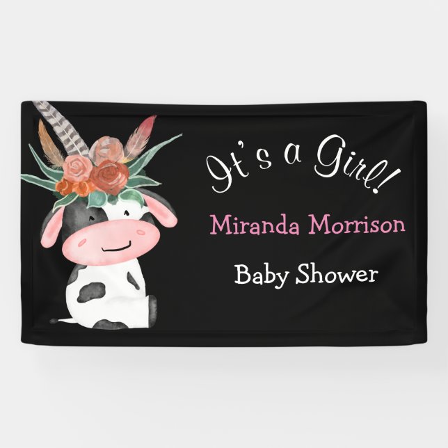 Cute Boho Cow Chalkboard Baby Shower Banner (Horizontal)