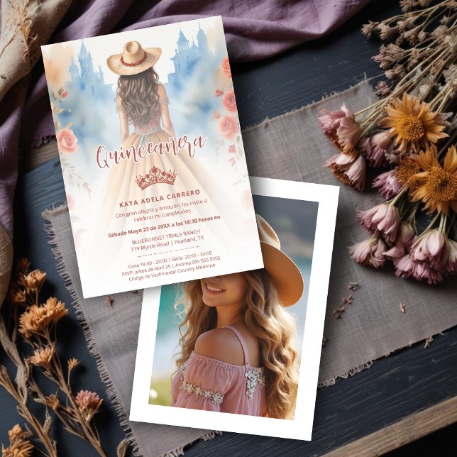 Cute Boho Cowgirl Charming Quinceañera with Invitation (Cute Boho Cowgirl Charming Quinceañera with Hat Invitation Cards in Spanish with Back Custom Photo.)