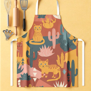 Cute Boho Desert Cats Cactus Succulent Pattern Apron