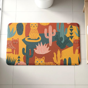 Cute Boho Desert Cats Cactus Succulent Pattern Bath Mat