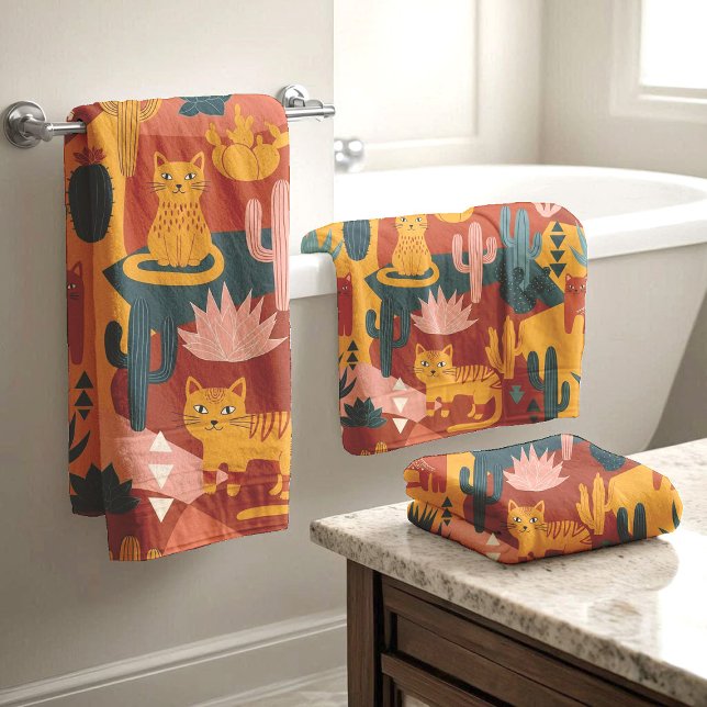 Cute Boho Desert Cats Cactus Succulent Pattern Bath Towel Set (Creator Uploaded)