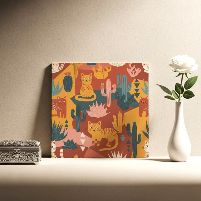 Cute Boho Desert Cats Cactus Succulent Pattern Ceramic Tile (Creator Uploaded)