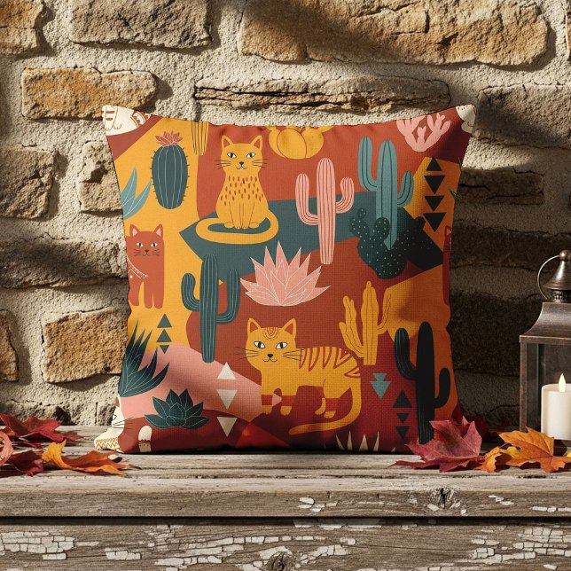Cute Boho Desert Cats Cactus Succulent Pattern Cushion (Creator Uploaded)
