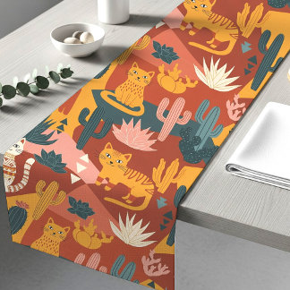 Cute Boho Desert Cats Cactus Succulent Pattern Short Table Runner