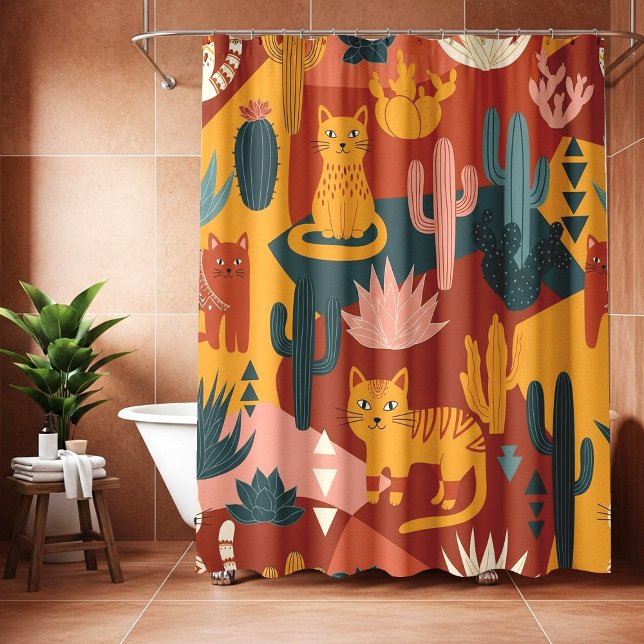 Cute Boho Desert Cats Cactus Succulent Pattern Shower Curtain (Creator Uploaded)