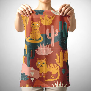 Cute Boho Desert Cats Cactus Succulent Pattern Tea Towel