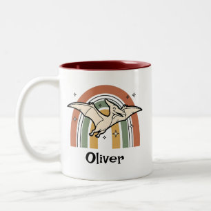 Cute Boho Earth Tone Flying Dinosaur & Rainbow Two-Tone Coffee Mug