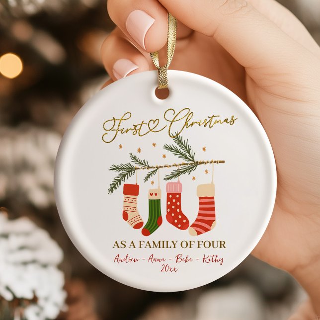 Cute Boho First Christmas Family of Four Ceramic Ornament (Creator Uploaded)
