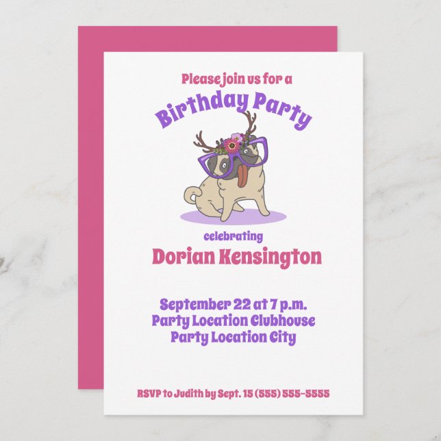 Cute Boho Floral Hippie Pug Any Year Birthday Invitation (Front/Back)