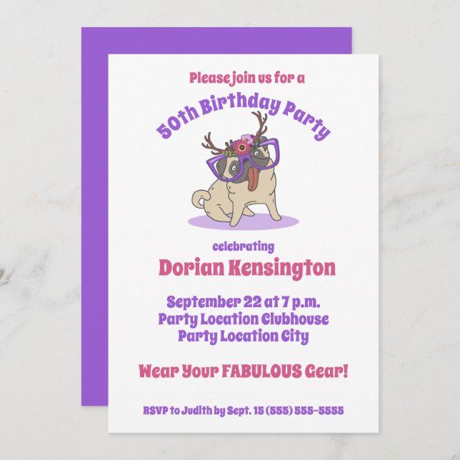 Cute Boho Floral Hippie Pug Fabulous 50th Birthday Invitation (Front/Back)