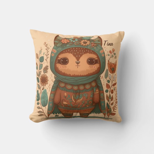 Cute boho floral owl cartoon cushion (Front)