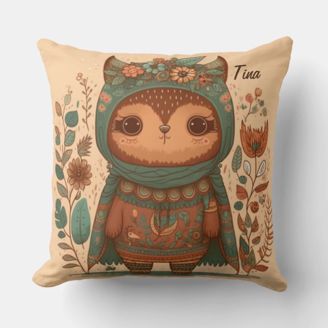 Cute boho floral owl  cushion (Front)