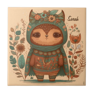 Cute boho floral owl custom ceramic tile