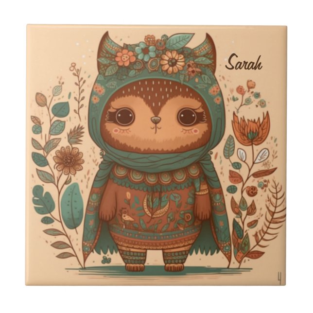 Cute boho floral owl custom  ceramic tile (Front)