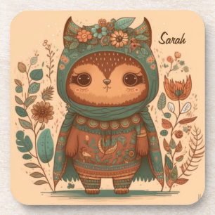 Cute boho floral owl custom coaster