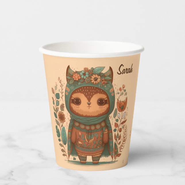 Cute boho floral owl custom    paper cups (Front)