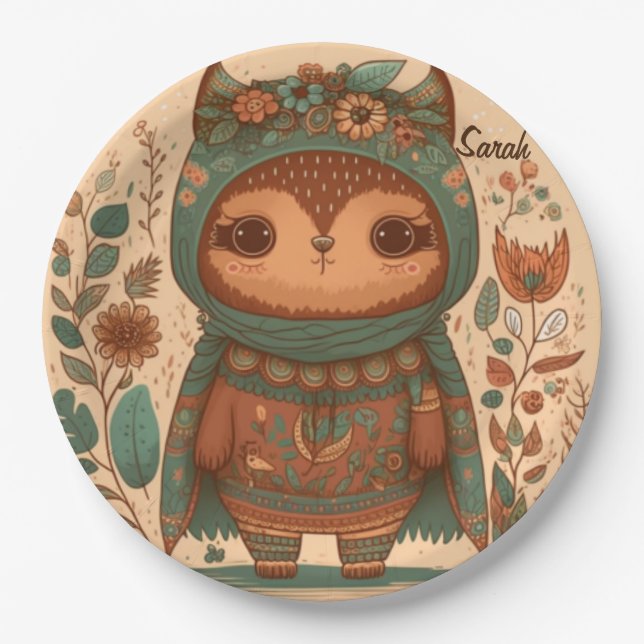Cute boho floral owl custom    paper plate (Front)